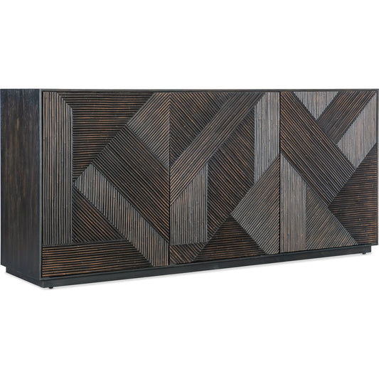 Retreat Entertainment Credenza by Hooker Furniture in black sand. Made from oak veneers, resin in a modern style.