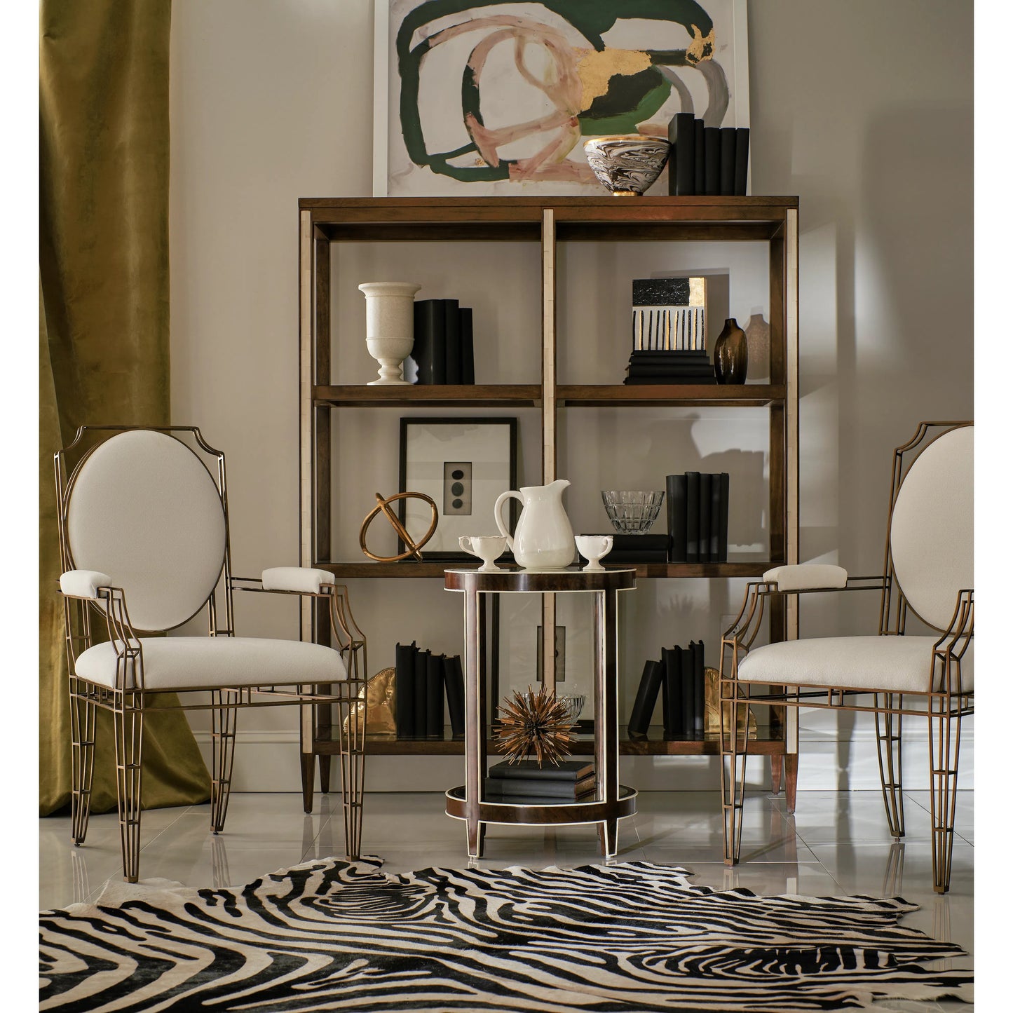011 SI-2186358 | Lifestyle | Jacques Round End Table by Jonathan Charles in brown and medium brown mahogany. Made from mahogany veneers, faux bone, glass in a modern style.