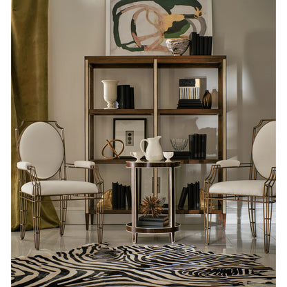 Jacques Round End Table by Jonathan Charles in brown and medium brown mahogany. Made from mahogany veneers, faux bone, glass in a modern style.
