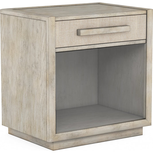 Cotiere Petite Nightstand by A.R.T. Furniture in beige and linen. Made from parawood solids, mixed split cathedral and quarter white oak veneers, fabric in a modern style.