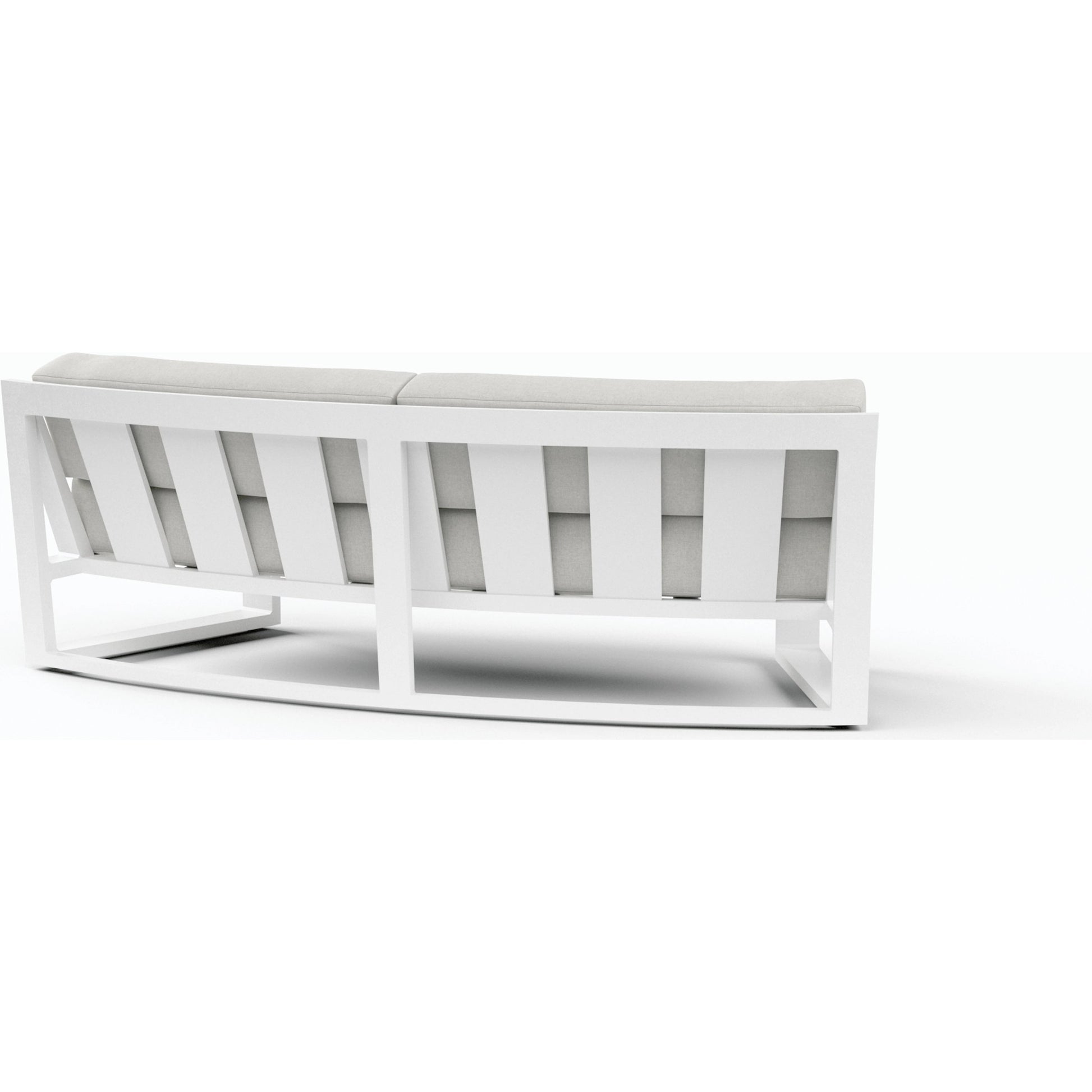 Newport Outdoor Curved Sofa by Sunset West in frost. Made from aluminum in a modern style.
