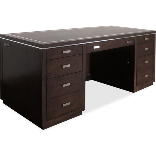 House Blend Junior Executive Desk by Hooker Furniture in dark roast. Made from quartered ash veneers, metal in a unique style.
