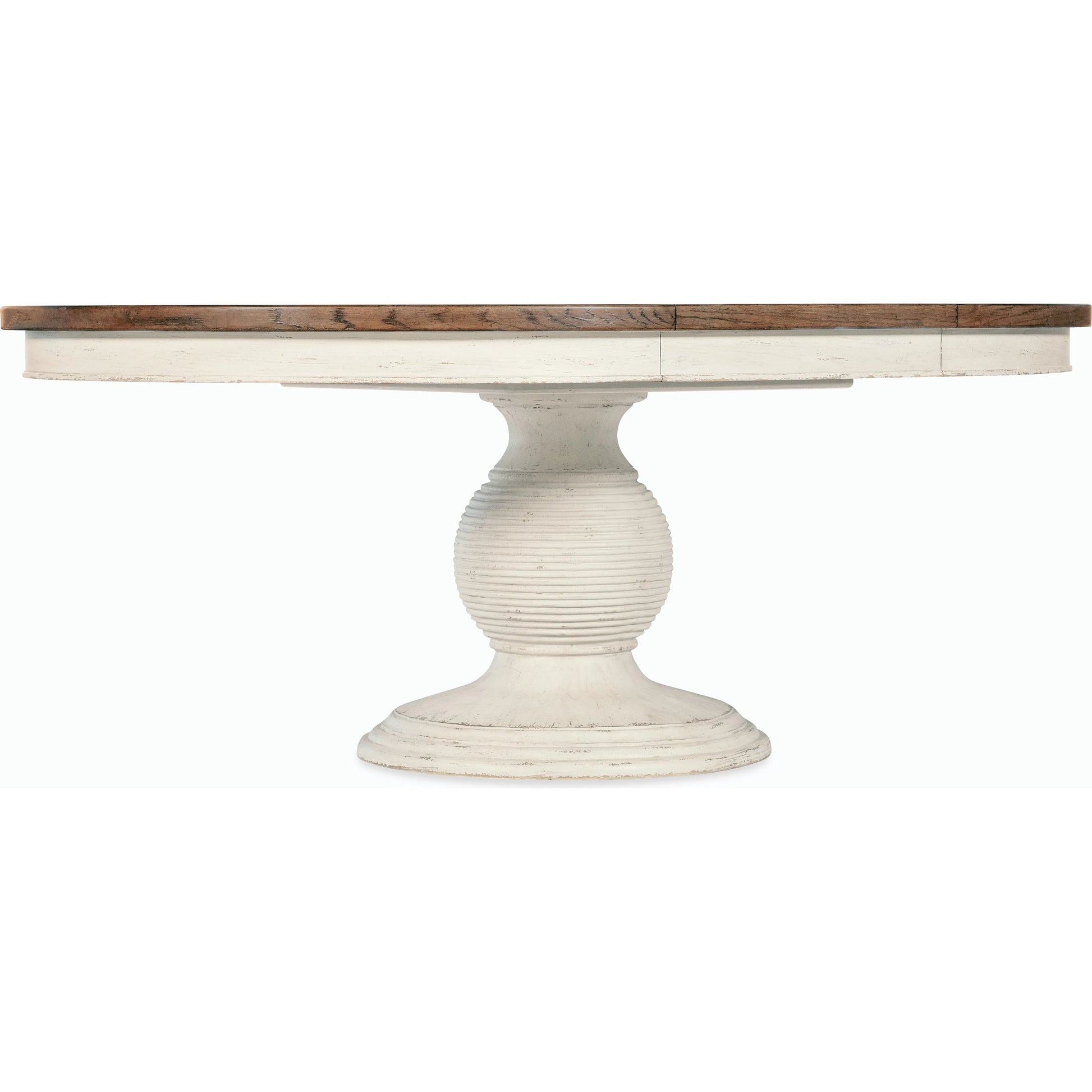 Americana Round Pedestal Dining Table by Hooker Furniture. Made from oak veneers, resin with solid-wood edge top in a cottage & farmhouse style.