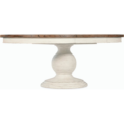 Americana Round Pedestal Dining Table by Hooker Furniture. Made from oak veneers, resin with solid-wood edge top in a cottage & farmhouse style.