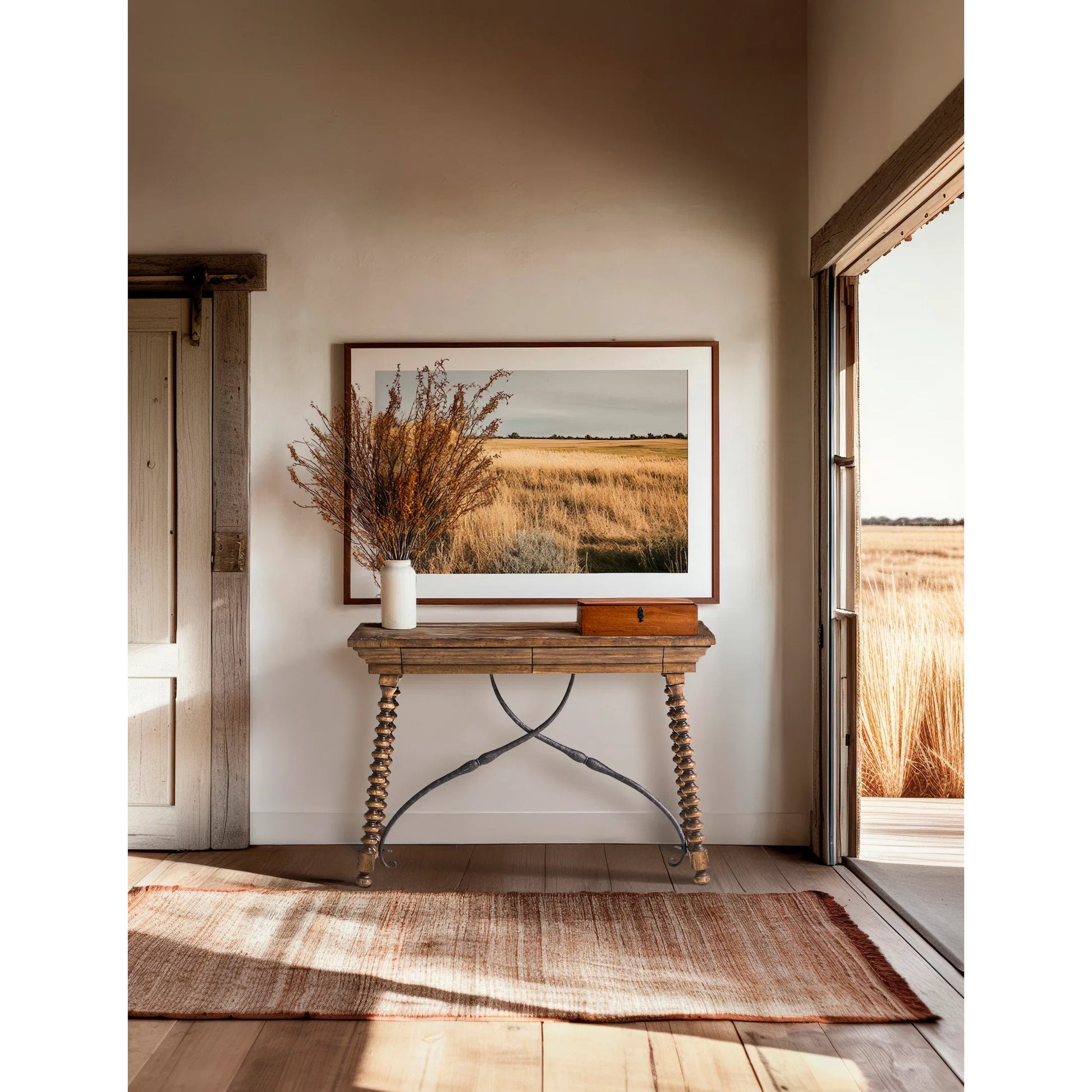 Tamarisk Console Table by Jonathan Charles in medium spain walnut. Made from main acacia in a unique style.