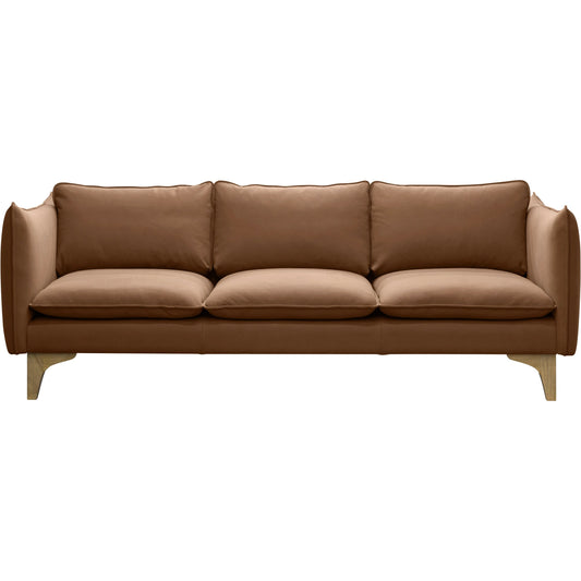 Simone Sofa by Surya in light brown and lacquered. Made from upholstery: leather, base: rubber wood, fill: 70% polyurethane foam, 30% mixed feather in a modern style.