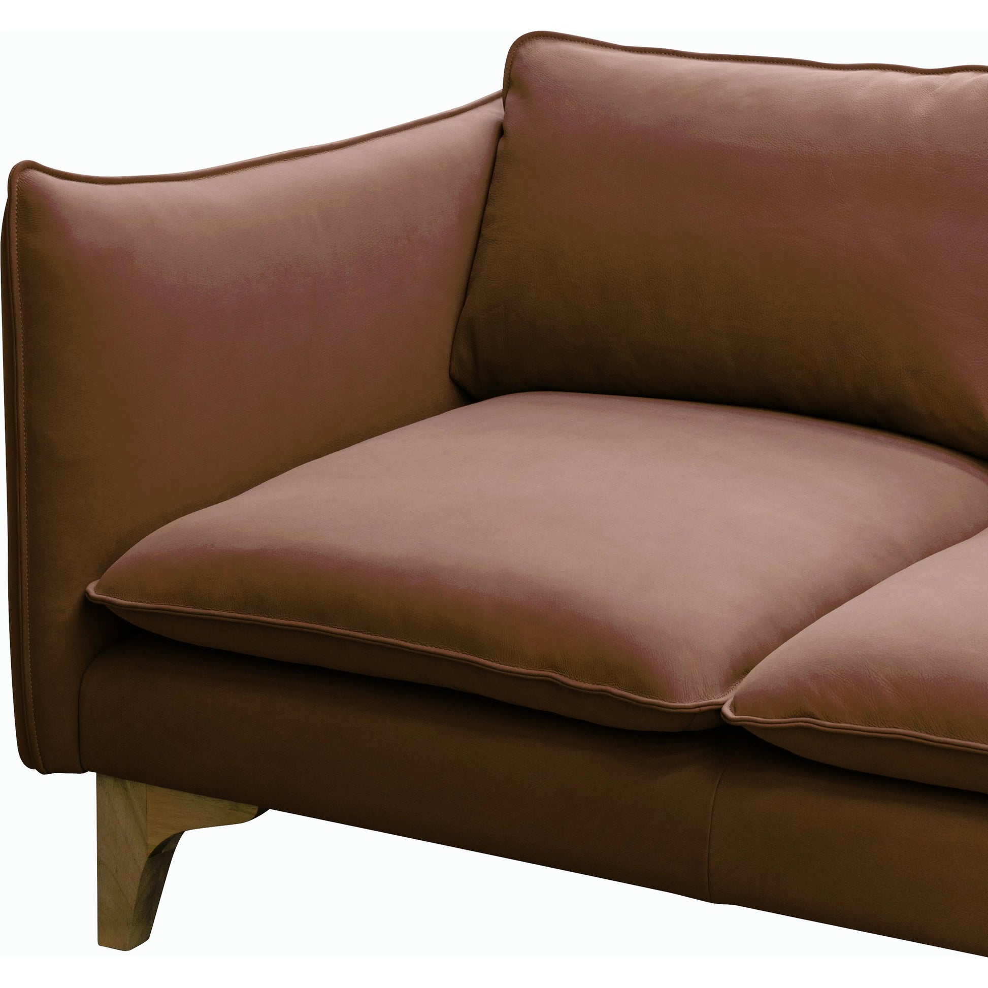 Simone Sofa by Surya in brown and lacquered. Made from upholstery: leather, base: rubber wood, fill: 70% polyurethane foam, 30% mixed feather in a modern style.