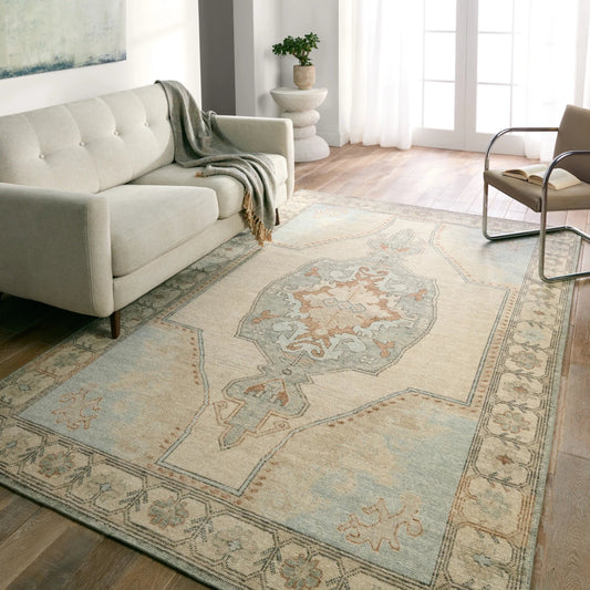 Onessa ONE12 Rug by Jaipur Living in blue, tan, beige. Made from 100% wool in a unique style.
