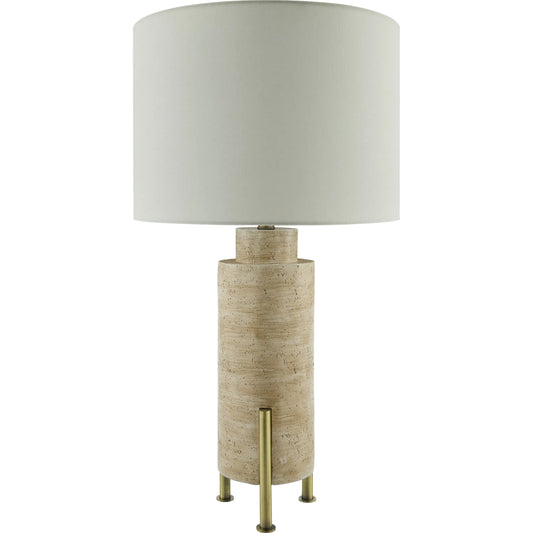 Ongato Accent Table Lamp by Livabliss in body: beige, metallic - brass; shade: white; finial: metallic - brass; harp: metallic - nickel; cord: translucent and plated, painted. Made from cement, iron, linen, polyester in a tr