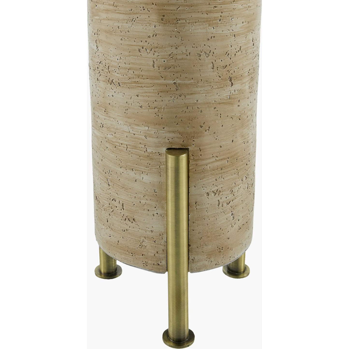 002 SI-2349561 | Closeup | Ongato Accent Table Lamp by Livabliss in body: beige, metallic - brass; shade: white; finial: metallic - brass; harp: metallic - nickel; cord: translucent and plated, painted. Made from cement, iron, linen, polyester in a transit
