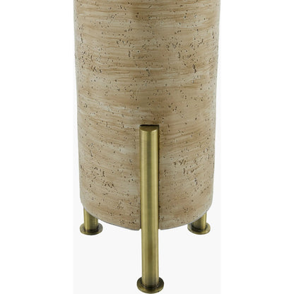 Ongato Accent Table Lamp by Livabliss in body: beige, metallic - brass; shade: white; finial: metallic - brass; harp: metallic - nickel; cord: translucent and plated, painted. Made from cement, iron, linen, polyester in a transit