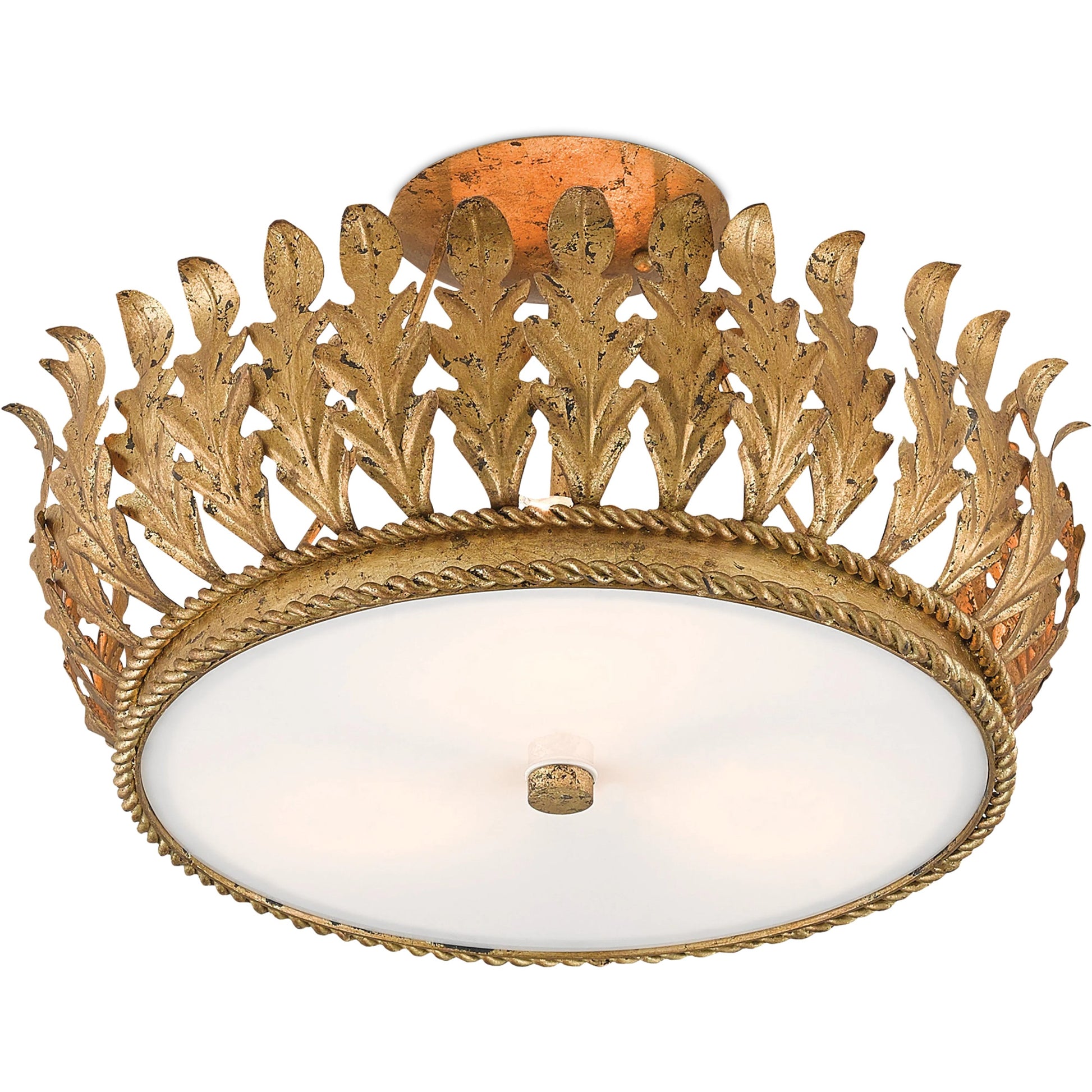 Biddulph Semi-Flush Mount by Currey and Company in gold leaf, white. Made from wrought iron, acrylic in a traditional style.