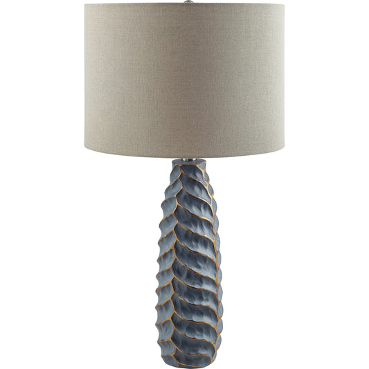 Ossining Table Lamp by Surya in body: gray, shade (outside): wheat, shade (inside): white, finial: metallic - silver, harp: metallic - nickel, cord: translucent and painted. Made from body: resin, shade (outside): linen, 