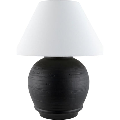 Onrus Accent Table Lamp by Livabliss in body: gray; shade: white; finial: metallic - nickel; harp: metallic - nickel; cord: translucent and hand finished. Made from ceramic, linen, polystyrene, iron in a modern style.