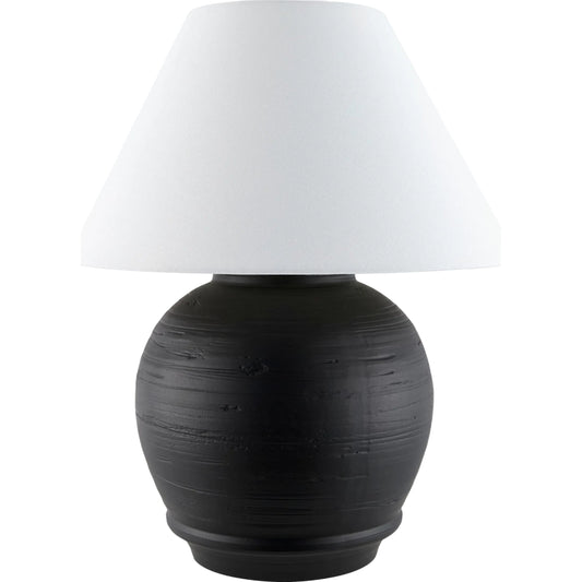 Onrus Accent Table Lamp by Livabliss in body: gray; shade: white; finial: metallic - nickel; harp: metallic - nickel; cord: translucent and hand finished. Made from ceramic, linen, polystyrene, iron in a modern style.