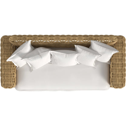 Playa Outdoor Loveseat by Sunset West in medium wood. Made from resin wicker in a rustic style.