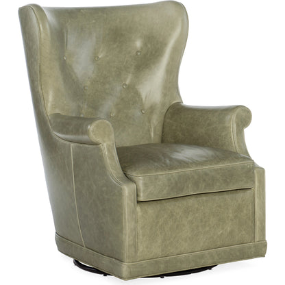 Mai Wing Swivel Club Chair by Hooker Furniture. Made from leather (aniline top grain) in a transitional style.