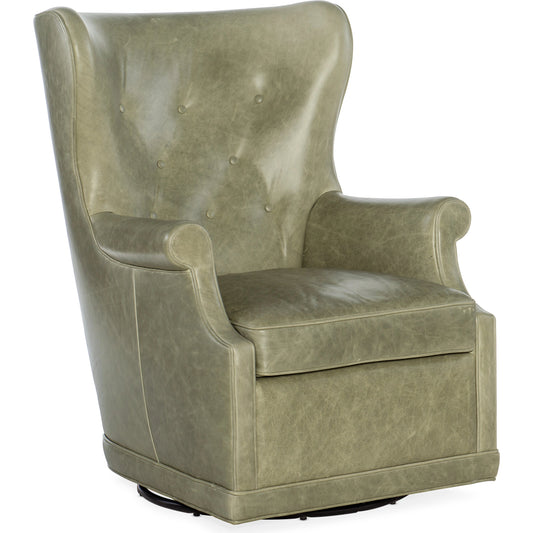Mai Wing Swivel Club Chair by Hooker Furniture. Made from leather (aniline top grain) in a transitional style.