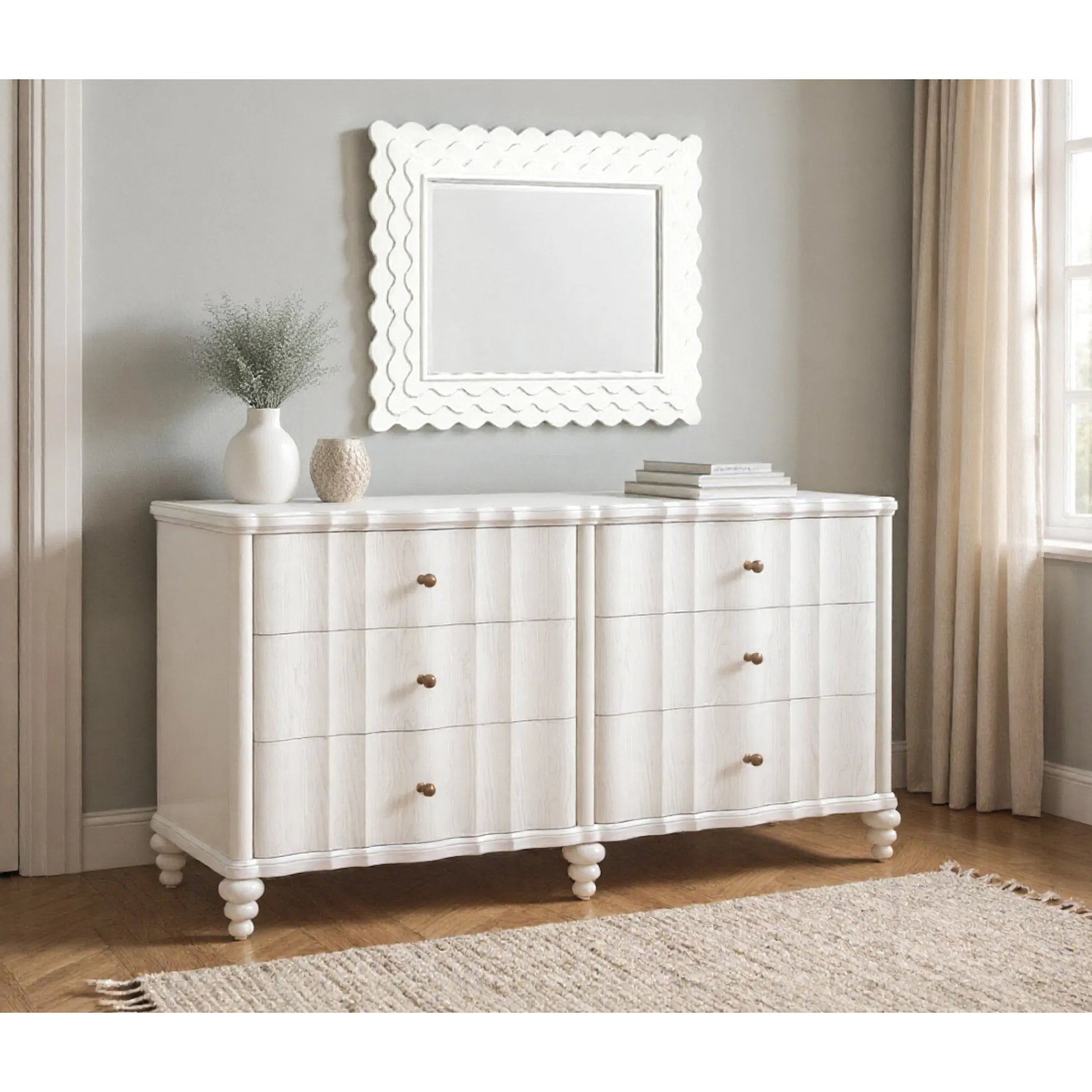 Haven Mirror by A.R.T. Furniture in warm white. Made from parawood solids, oak veneer in a transitional style.