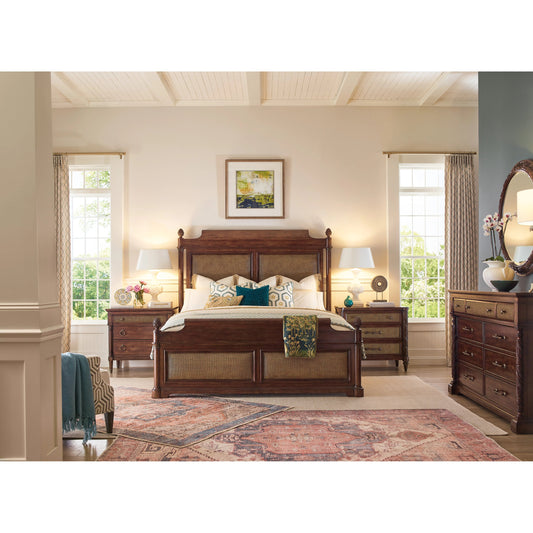 Charleston Panel Bed by Hooker Furniture in maraschino cherry. Made from cherry, walnut veneers with walnut inlay, cane in a traditional style.