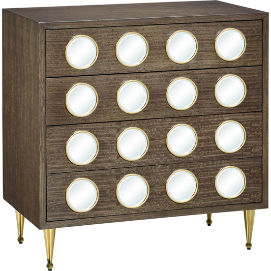 Colette Chest by Currey and Company in tawny brown, polished brass, mirror, rose. Made from figured eucalyptus, stainless steel, glass, faux velvet in a modern style.