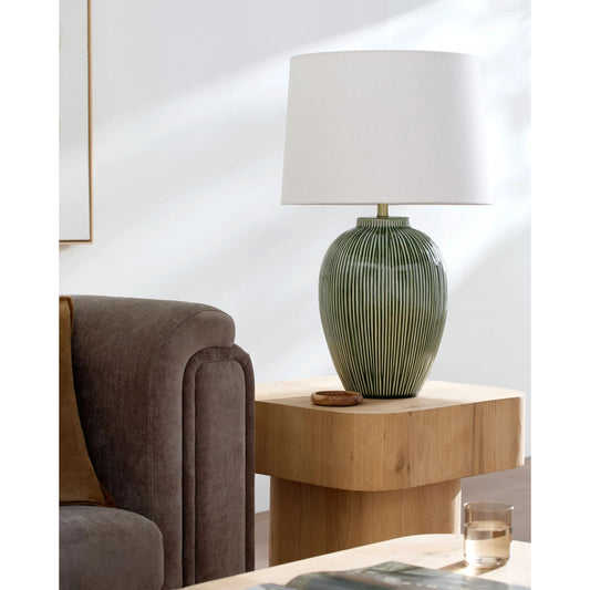 Opio Accent Table Lamp by Surya. Made from ceramic, iron, linen, polyester in a unique style.