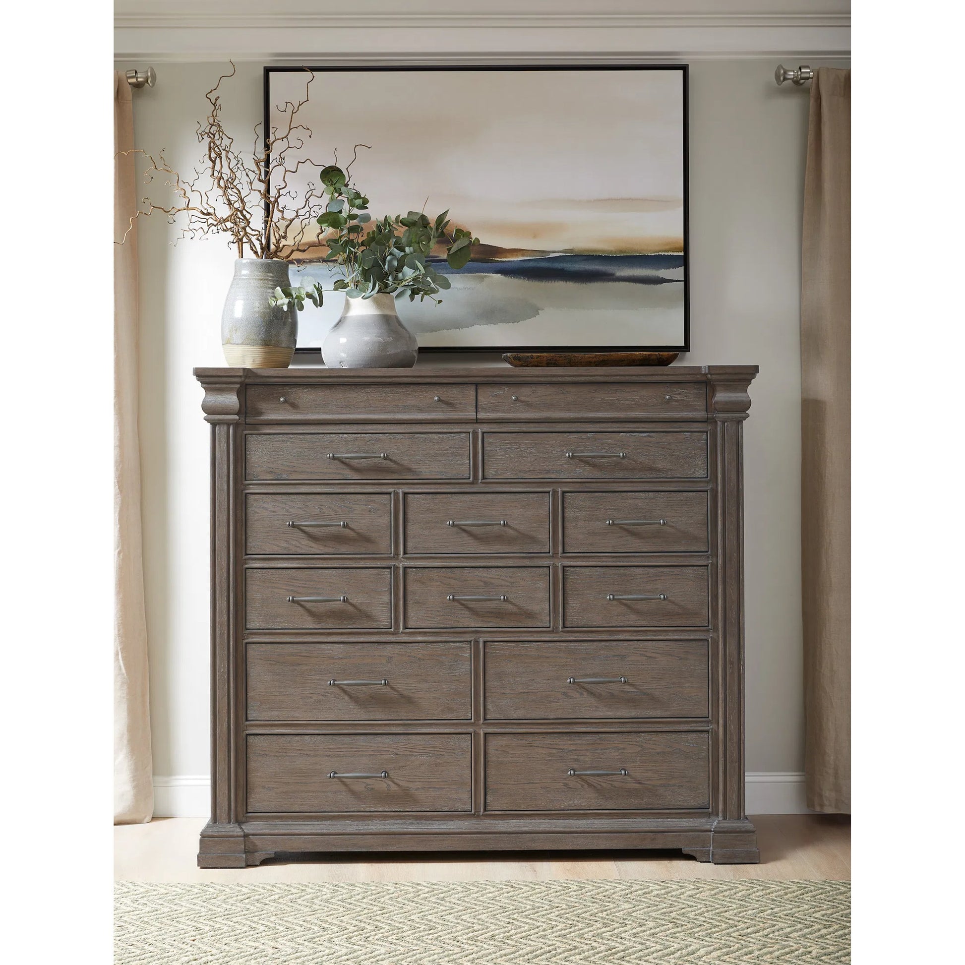 Madison Ridge 14 Drawer Master Chest by Pulaski Furniture in natural bark. Made from flat-cut white oak wood veneers in a unique style.