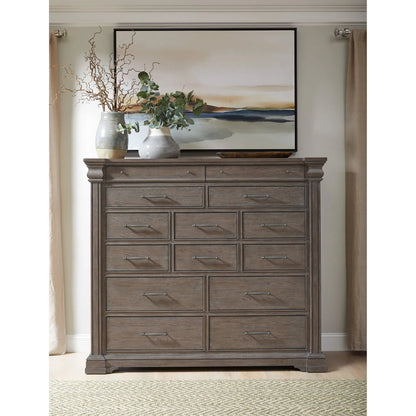Madison Ridge 14 Drawer Master Chest by Pulaski Furniture in natural bark. Made from flat-cut white oak wood veneers in a unique style.