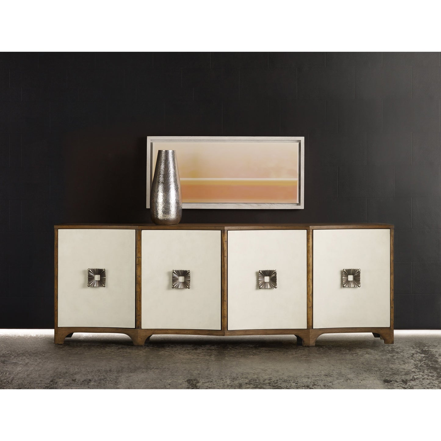 003 SI-1749188 | Lifestyle | Melange Credenza by Hooker Furniture in pecan. Made from pecan veneers, robus leather in a modern style.