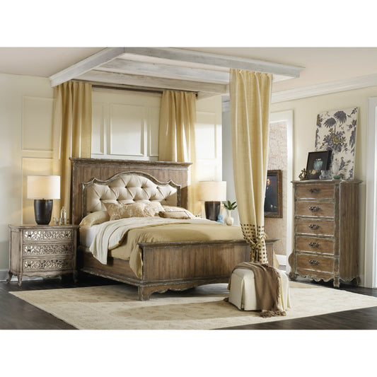Chatelet Upholstered Mantle Bed by Hooker Furniture in beige and caramel froth, turtle dove. Made from pecan veneers, resin, fabric in a unique style.