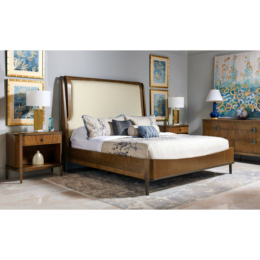 Toulouse Upholstered Bed by Jonathan Charles in walnut. Made from walnut quarter figured veneer in a modern style.
