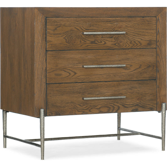 Chapman Three-Drawer Nightstand by Hooker Furniture in sorrel. Made from white oak veneers, metal in a modern style.