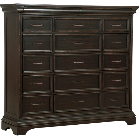 Caldwell Master Chest by Pulaski Furniture in deep brown. Made from acacia veneers in a traditional style.