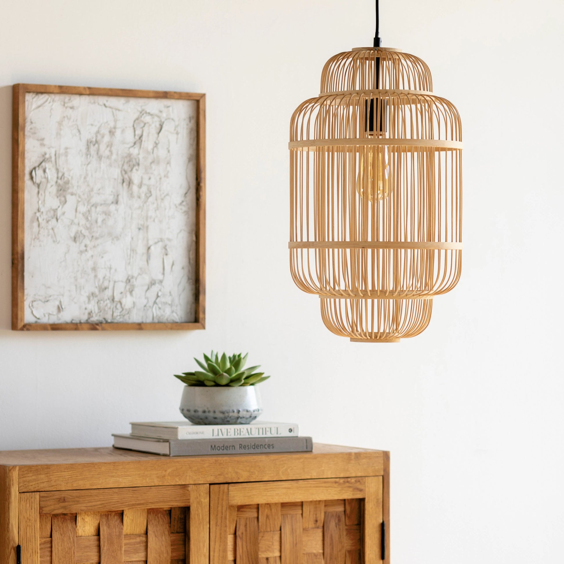 Ornado - 32441 by Surya in beige, black. Made from shade (outside): bamboo, fixture: bamboo, canopy: metal in a coastal style.