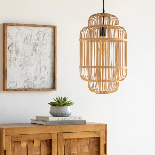 Ornado - 32441 by Surya in fixture: beige, shade: beige, cord: black. Made from shade (outside): bamboo, fixture: bamboo, canopy: metal in a coastal style.