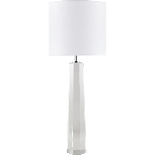 Orrefor Accent Floor Lamp by Surya in white, clear, metallic nickel and natural, translucent. Made from crystal, linen, polyester in a unique style.
