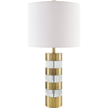 Orrefor Accent Table Lamp by Surya in white, metallic brass, clear and natural, translucent. Made from crystal, linen, polyester in a unique style.
