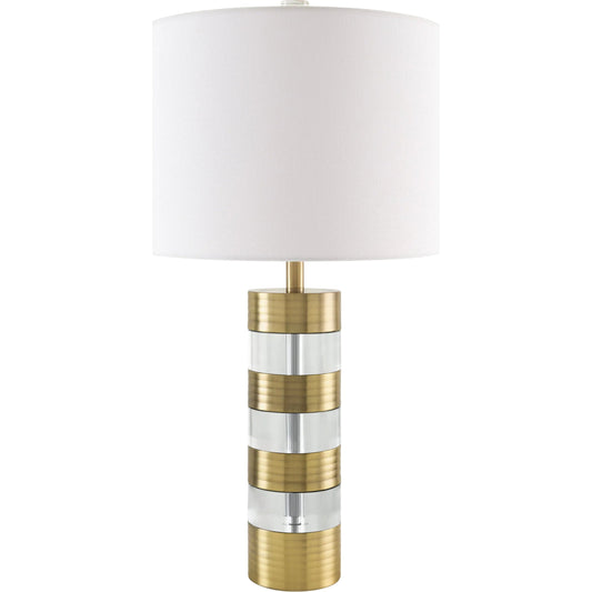 Orrefor Accent Table Lamp by Surya in white, metallic brass, clear and natural, translucent. Made from crystal, linen, polyester in a unique style.