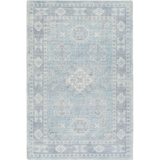 Oregon Rug - 24549 by Livabliss in blue, sky blue, charcoal, dusty coral, white. Made from 40% new zealand wool, 35% polyester, 25% cotton in a unique style.
