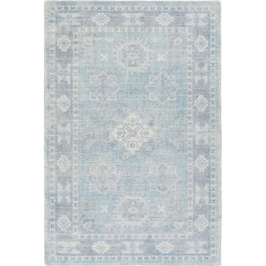 Oregon 13005 Rug by Livabliss in blue, sky blue, charcoal, dusty coral, white. Made from new zealand wool, polyester, cotton in a unique style.