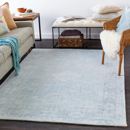 Oregon 13005 Rug by Livabliss in blue, sky blue, charcoal, dusty coral, white. Made from new zealand wool, polyester, cotton in a unique style.