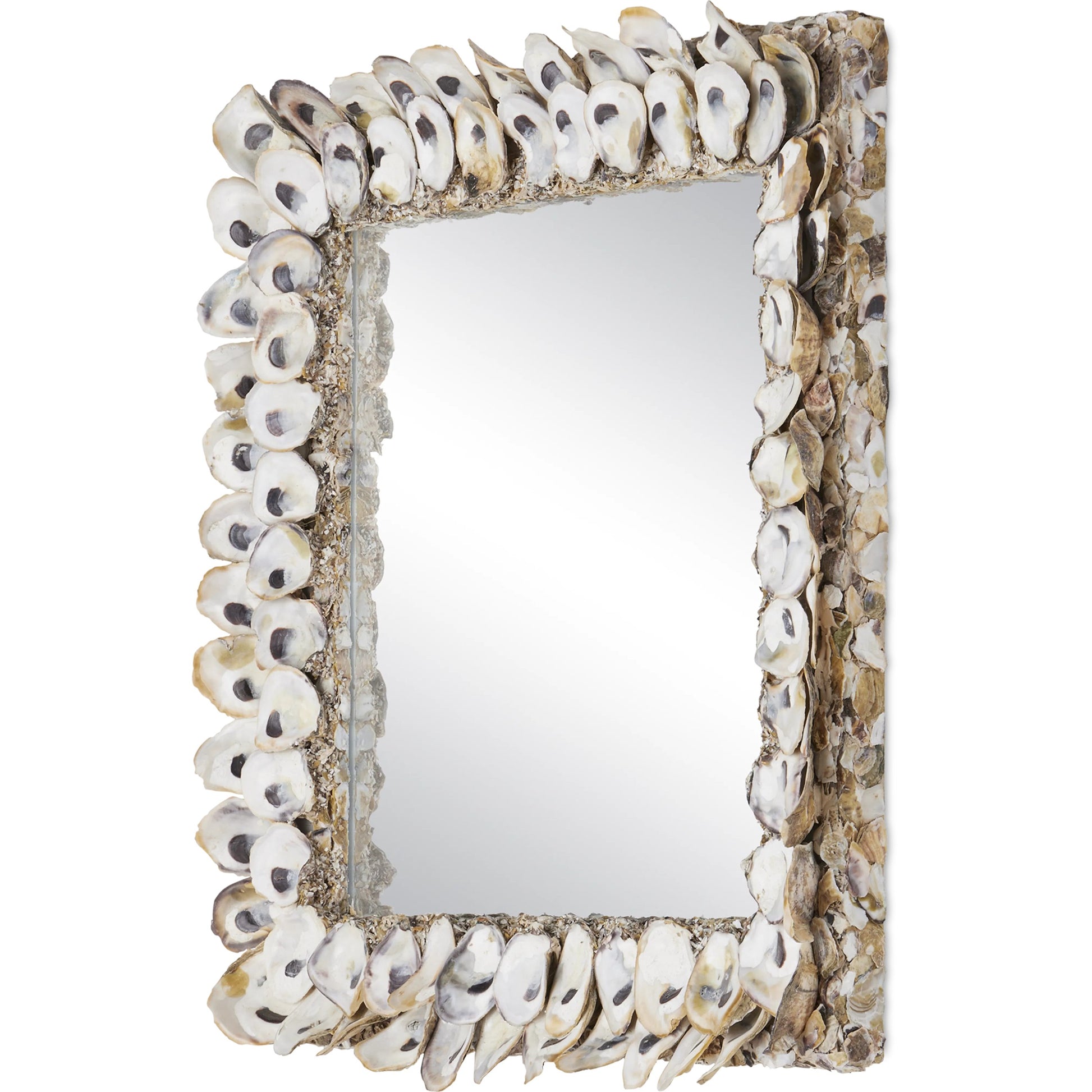 Oyster Shell Mirror by Currey and Company in natural shell. Made from wood, oyster shell, mirror in a coastal style.