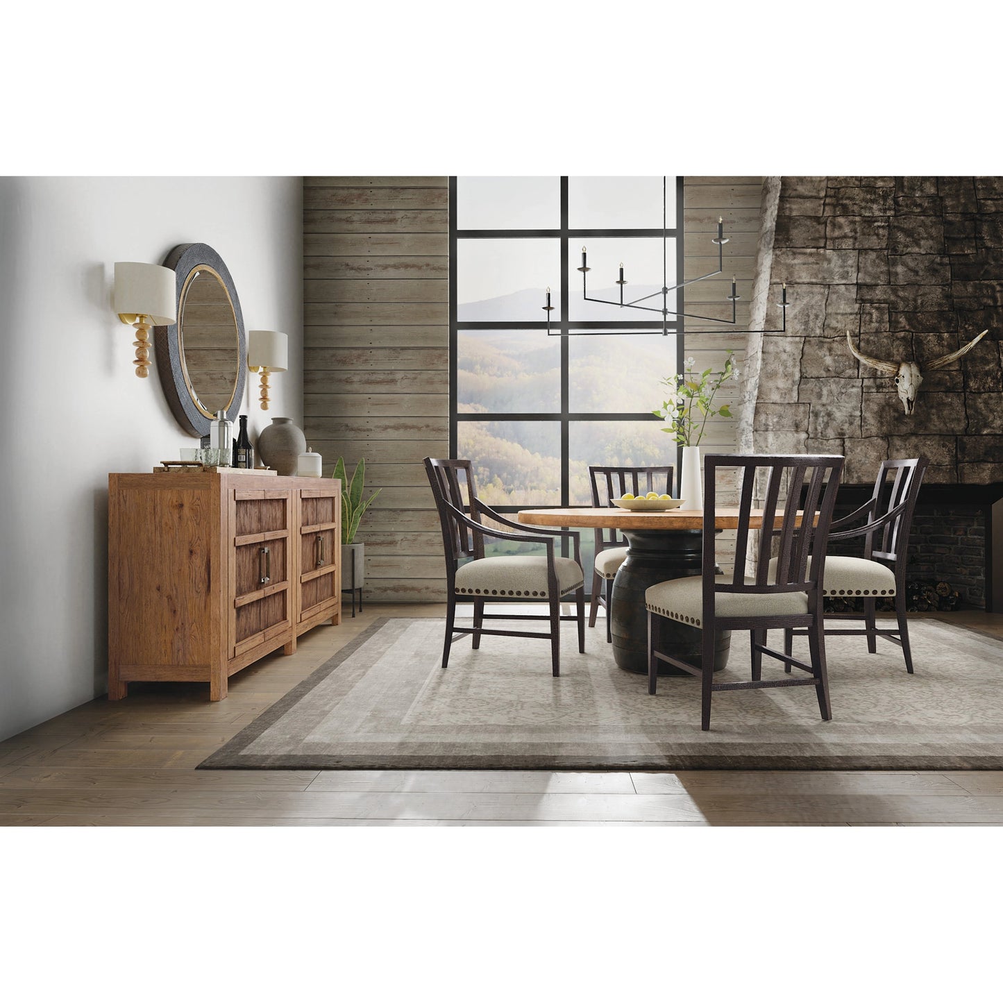 001 SI-1959497 | Lifestyle | Big Sky Buffet by Hooker Furniture in vintage natural. Made from pecky hickory veneers, solid-wood edged top in a modern style.