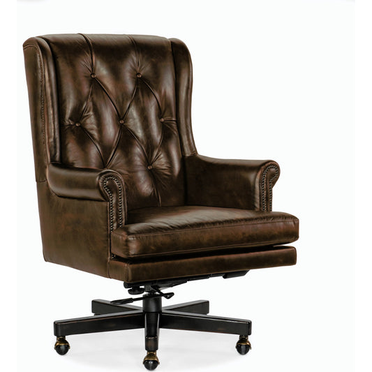 Charleston Executive Swivel Tilt Chair by Hooker Furniture in brown. Made from leather in a traditional style.