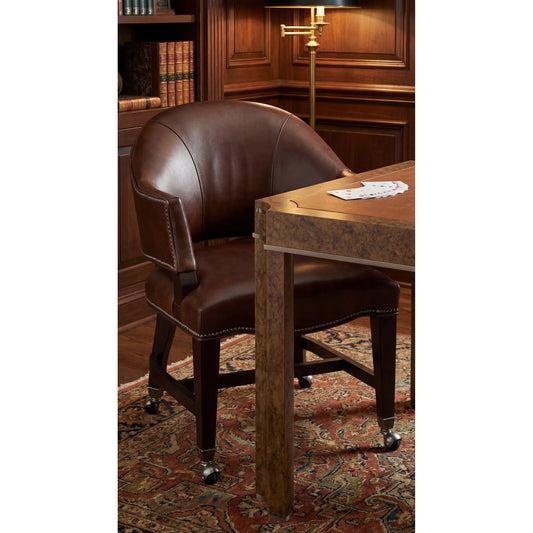Joker Game Chair by Hooker Furniture in isadora nut and natchez brown. Made from leather in a traditional style.