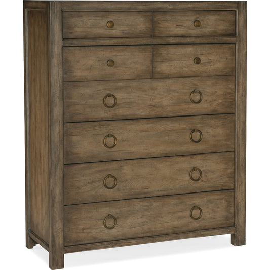 Sundance Six Drawer Chest by Hooker Furniture in cliffside. Made from pecan veneers, cedar, felt panel, self-closing undermount drawer guides, solid-wood edge top in a traditional style.