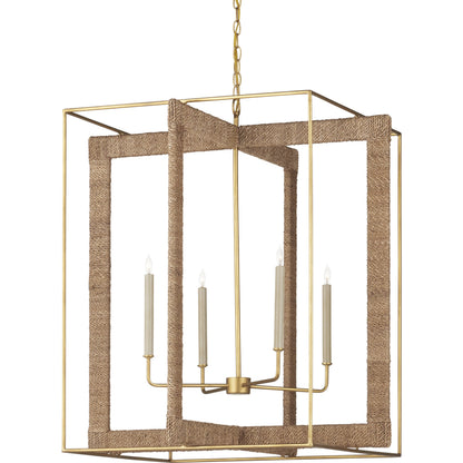 Purebred Chandelier by Currey and Company in contemporary gold leaf, natural abaca. Made from wrought iron, rope in a modern style.