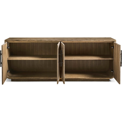 Stone Ridge Leather Credenza by Jonathan Charles in tully light acacia. Made from acacia in a transitional style.