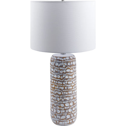 Oswego Table Lamp by Surya in translucent, brown, white, metallic nickel, metallic silver and painted. Made from body: resin, shade (outside): linen, shade (inside): linen, finial: metal in a modern style.