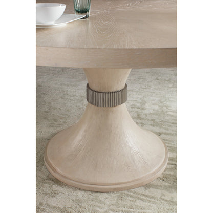 Nouveau Chic Round Pedestal Dining Table by Hooker Furniture in sandstone. Made from oak veneers, resin in a modern style.